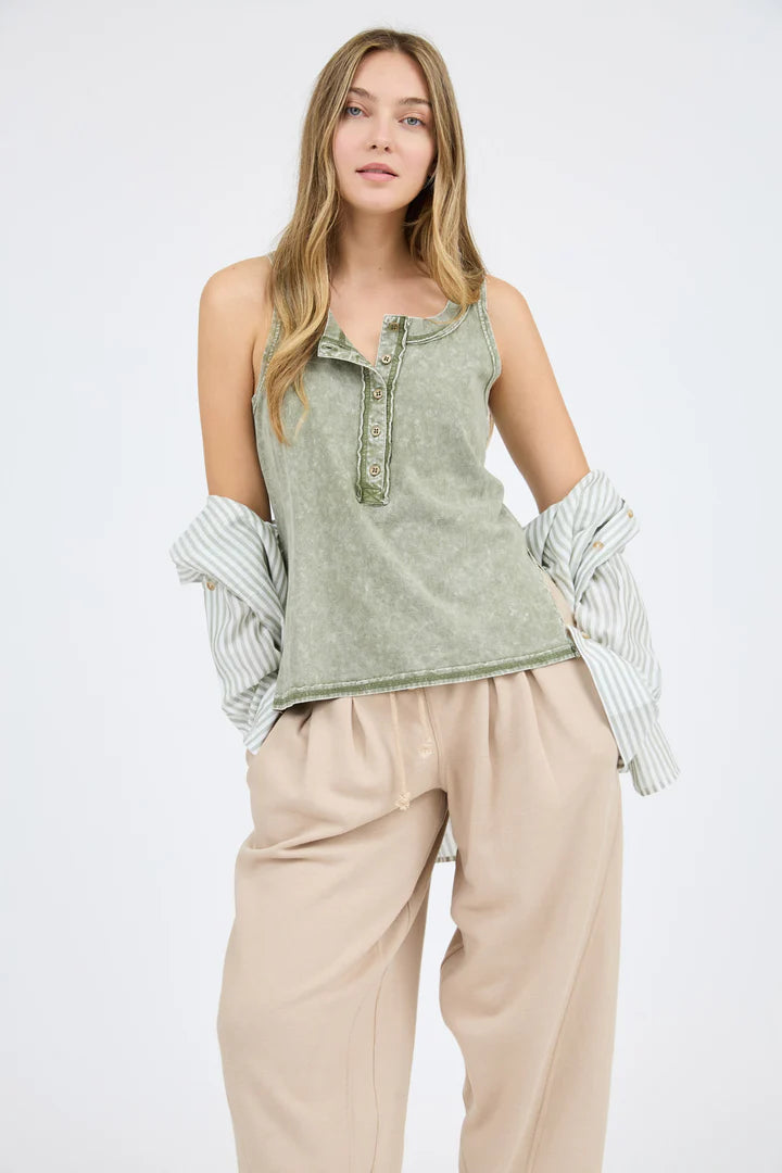 Green Sleeveless Mineral Henley Tank