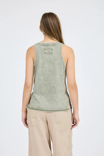 Green Sleeveless Mineral Henley Tank
