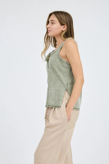 Green Sleeveless Mineral Henley Tank