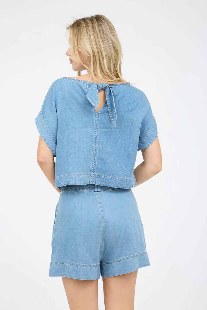 blue short sleeve boxy denim top