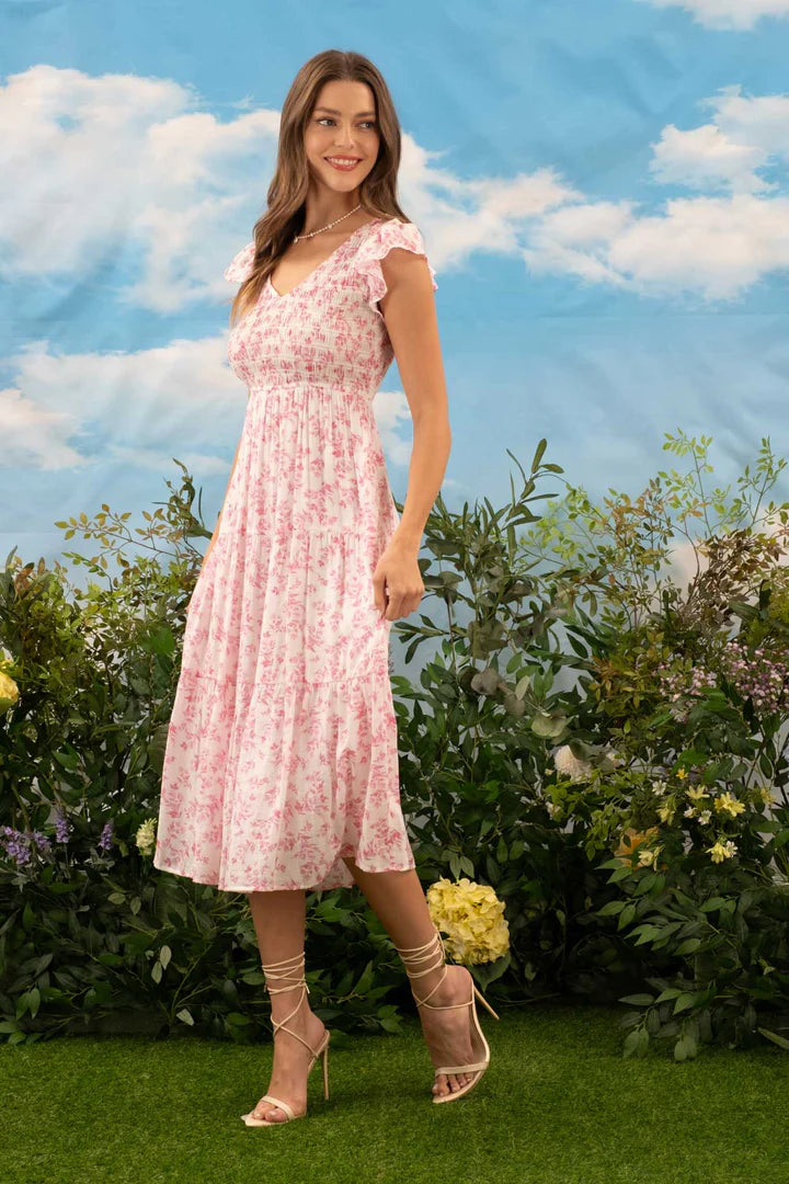 Pink Flutter Sleeve Floral Midi Dress