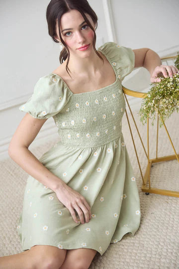 green short sleeve floral fit and flare dress