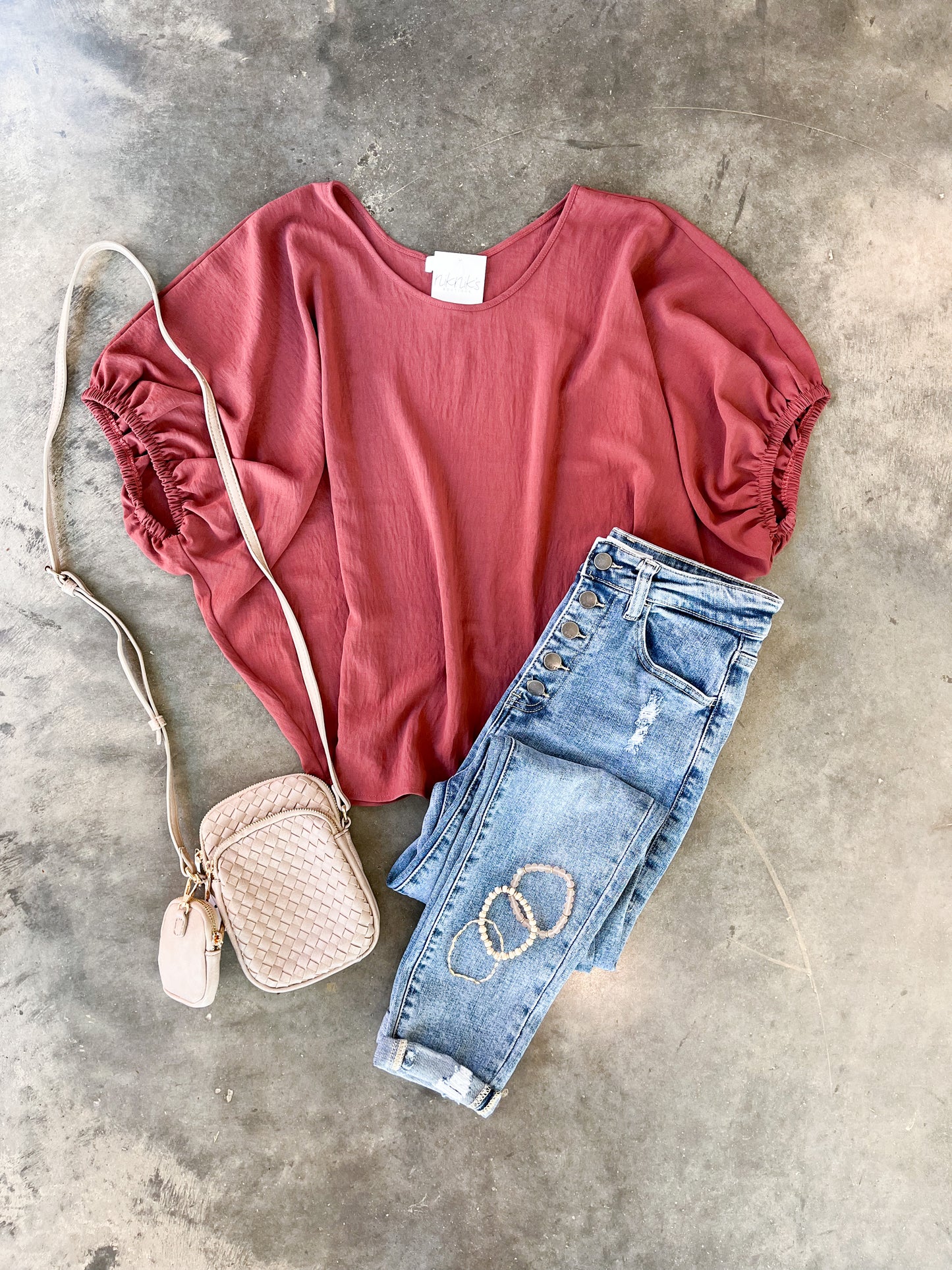 Rust Short Bubble Sleeve Boxy Top
