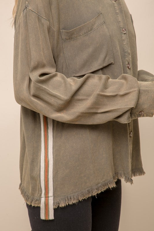 olive green mineral wash button down shirt