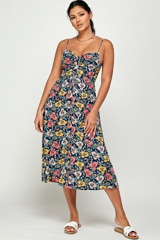 navy blue floral print midi dress