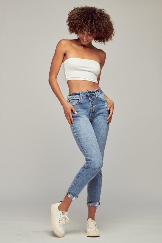 medium wash high rise mom jeans