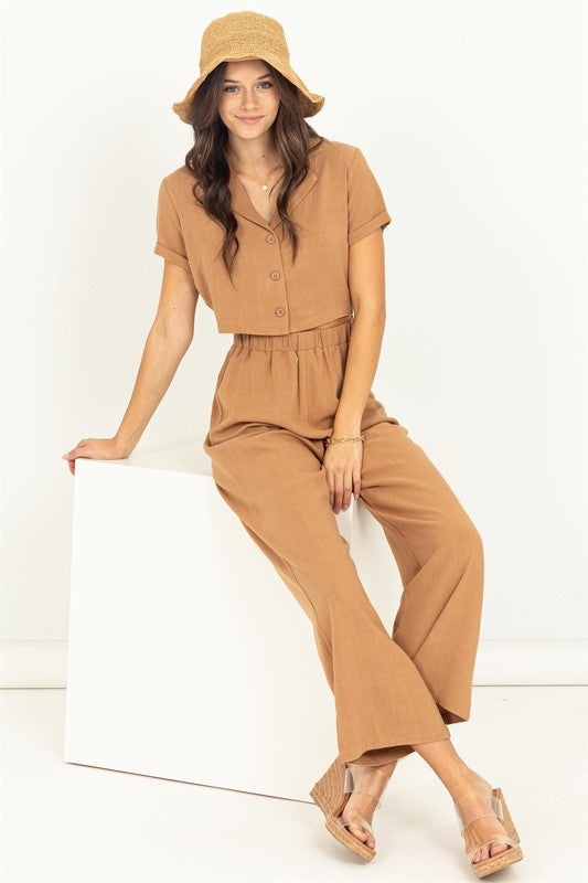 Brown Cut-Out Button Jumpsuit
