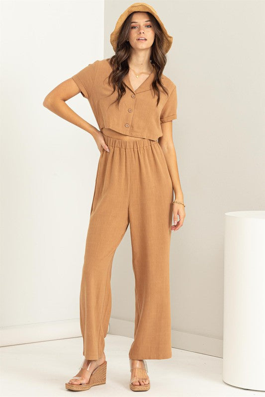Brown Cut-Out Button Jumpsuit