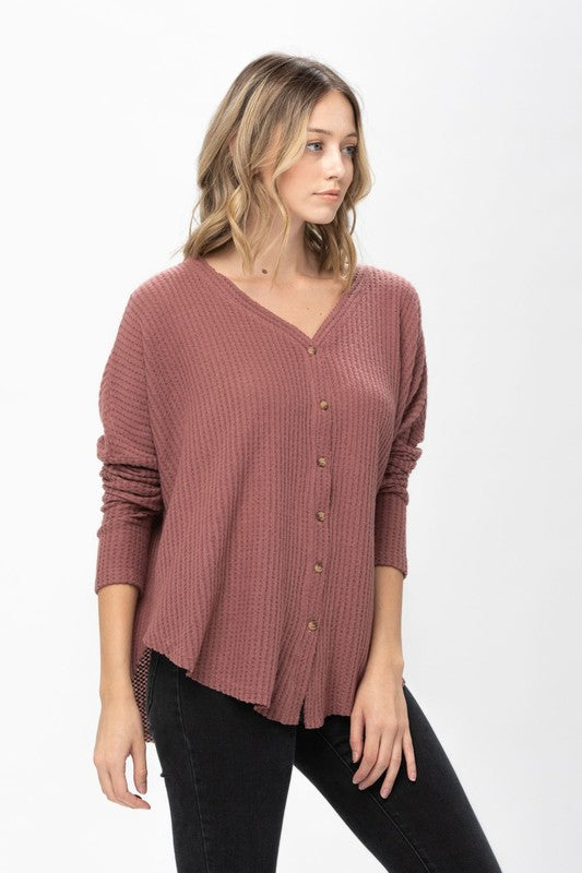 mauve waffle knit button long sleeve top