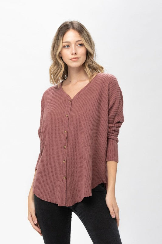 mauve waffle knit button long sleeve top