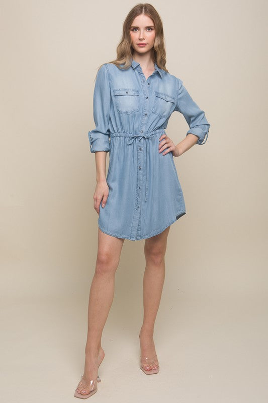 Light Wash Long Sleeve Button Up Denim Dress