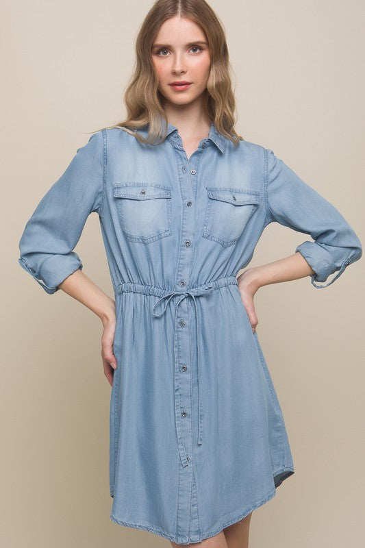 Light Wash Long Sleeve Button Up Denim Dress