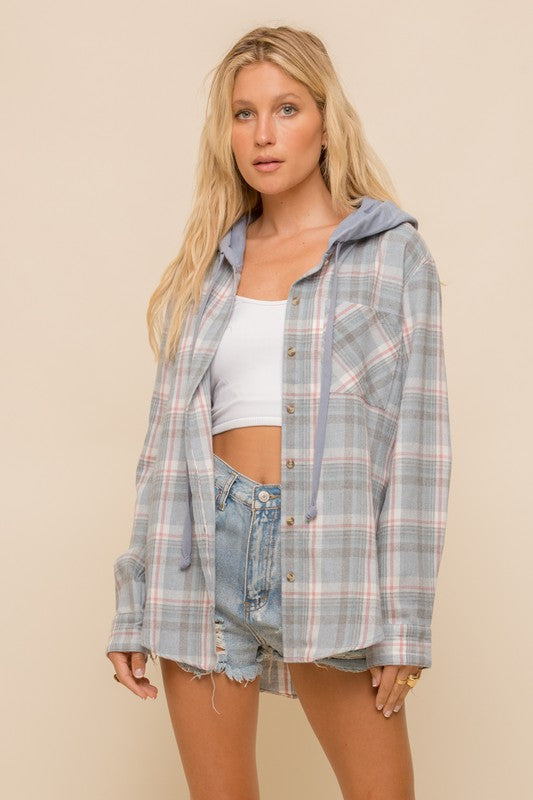 blue plaid lightweight hooded shacket