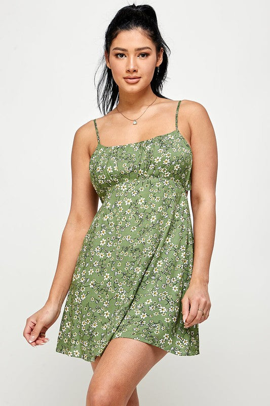 green sleeveless floral short dress