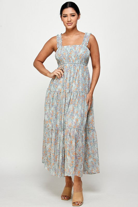sage floral smocked tiered maxi dress