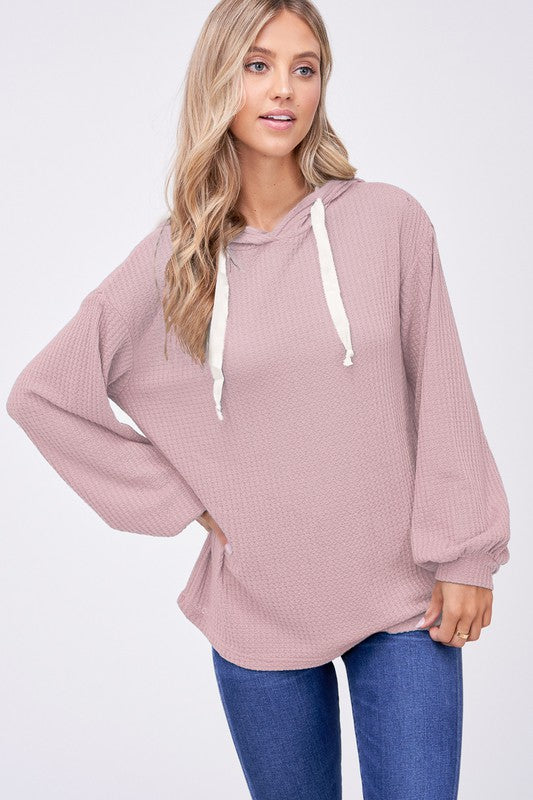pink waffle knit ballon sleeve hoodie top