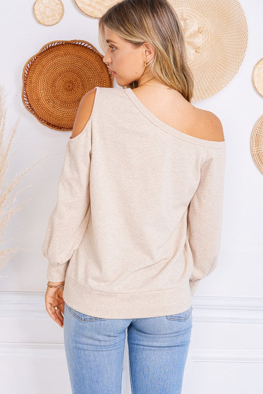 oatmeal slouchy off shoulder long sleeve top