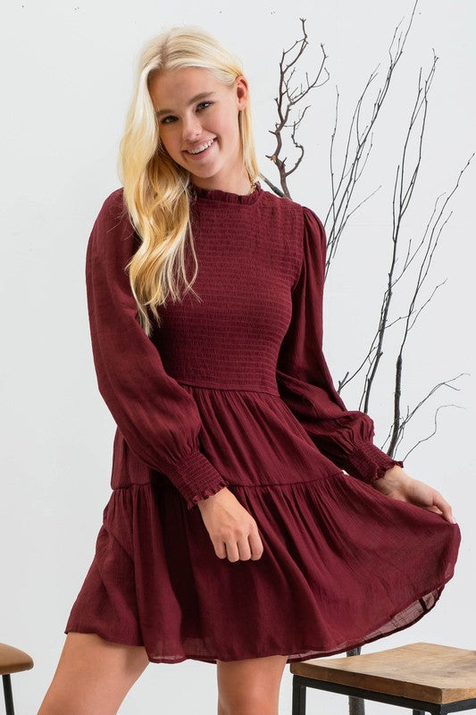 burgundy fit and flare long sleeve dress