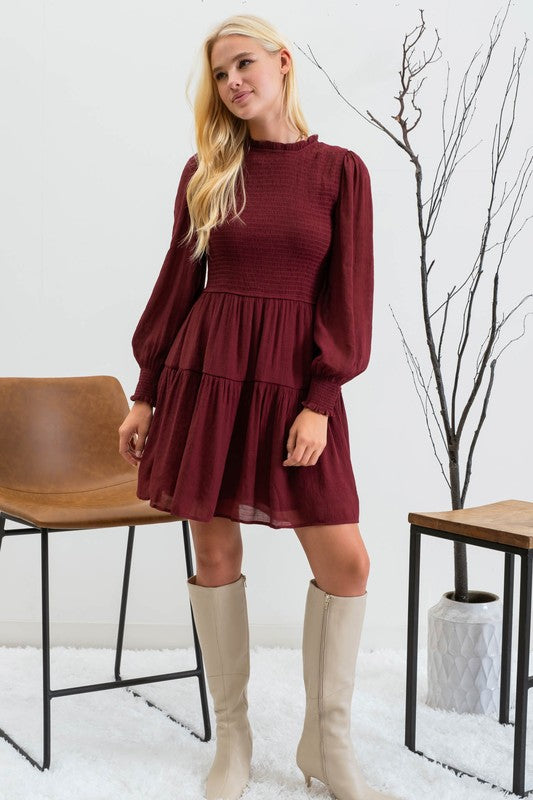 burgundy fit and flare long sleeve short dress