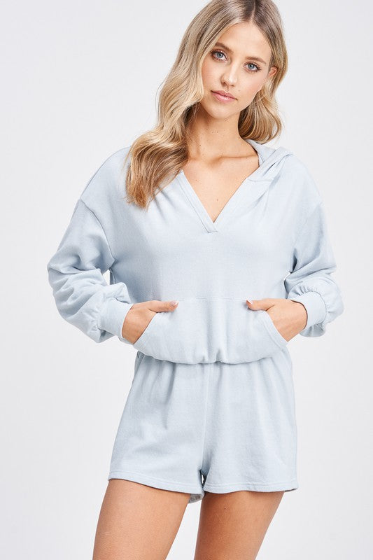 blue hooded front pocket romper