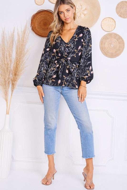 black floral long sleeve peplum top