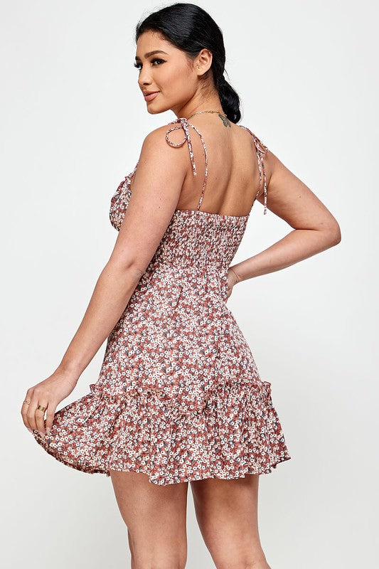 brick sleeveless floral short dress