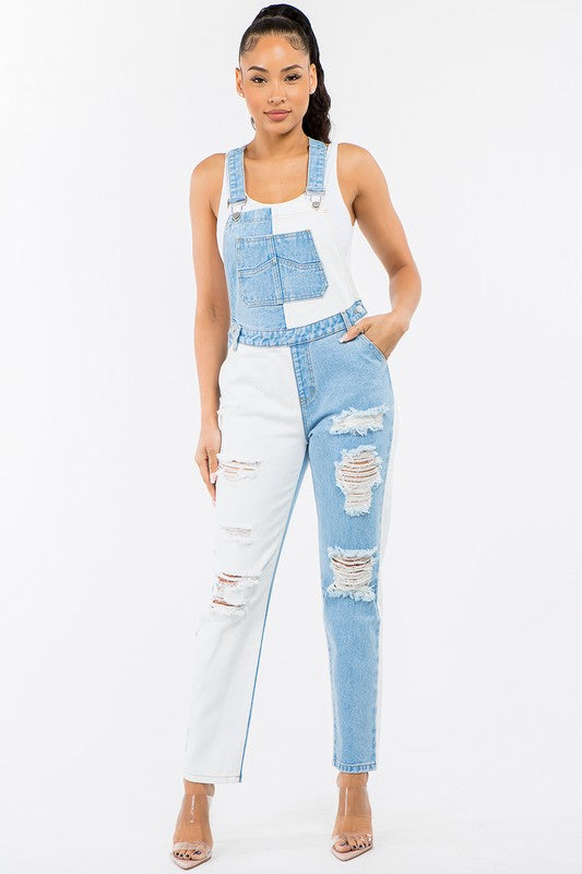 blue and white color block overalls