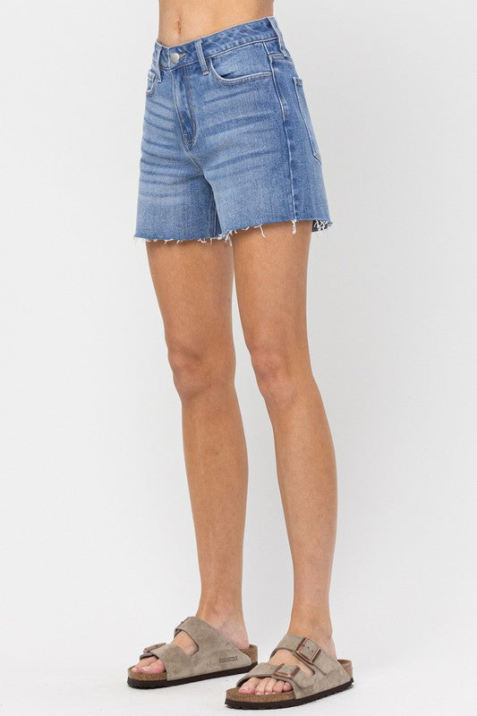 medium wash full coverage denim shorts