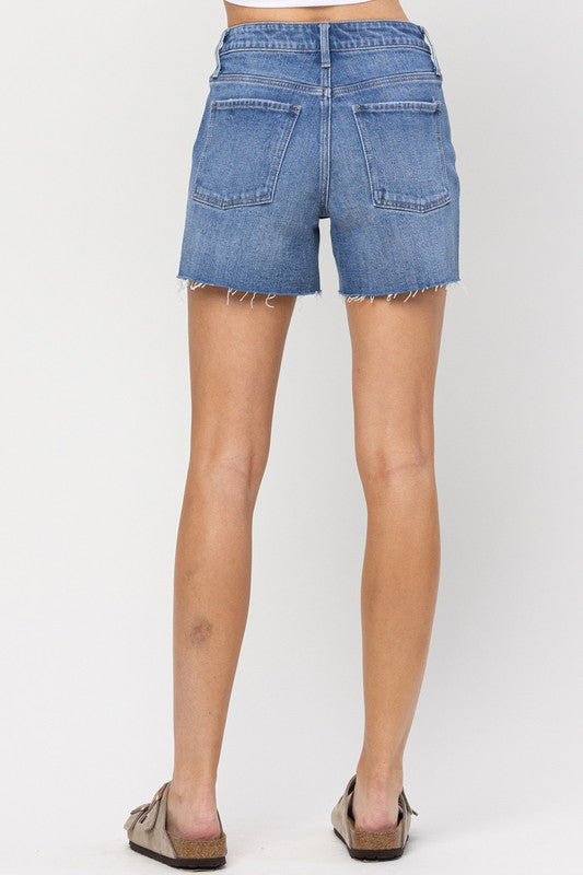 medium wash long inseam denim high rise shorts