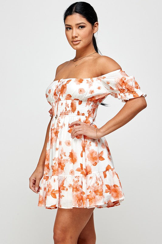 white and orange floral print dress