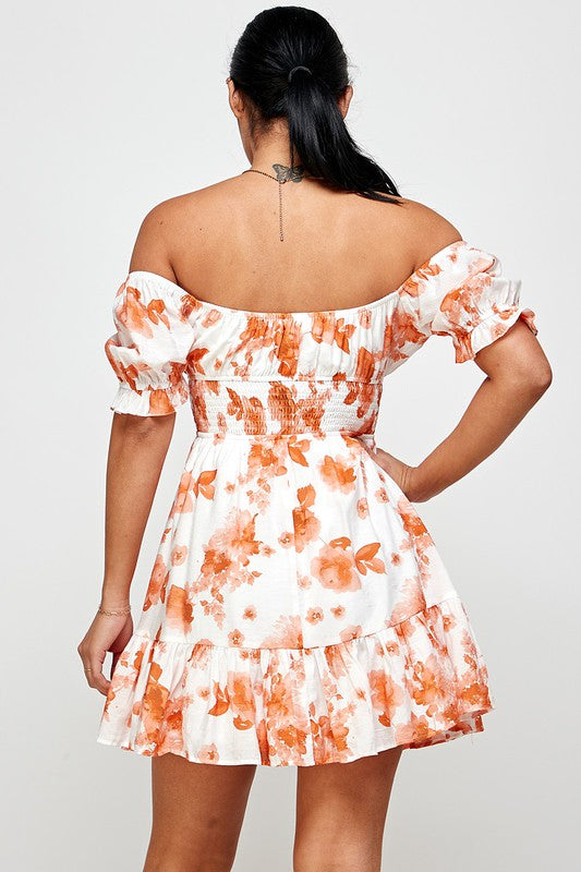 off white and orange floral off shoulder dress