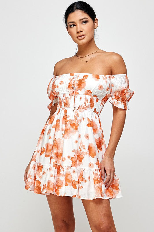 orange floral off shoulder short dress