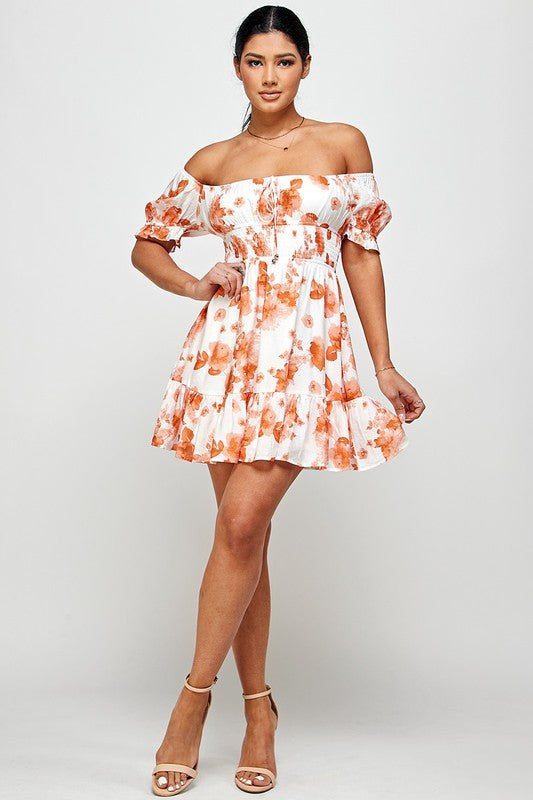 orange floral short dress