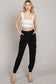 black button zipper closure elastic waist cargo joggers