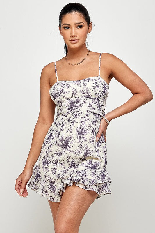 cream and floral spaghetti strap short dress