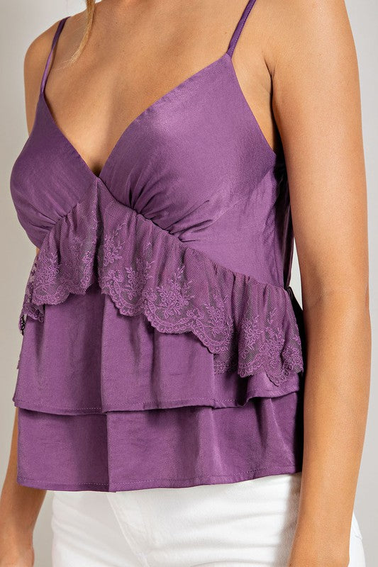 purple v neck ruffle sleeveless top