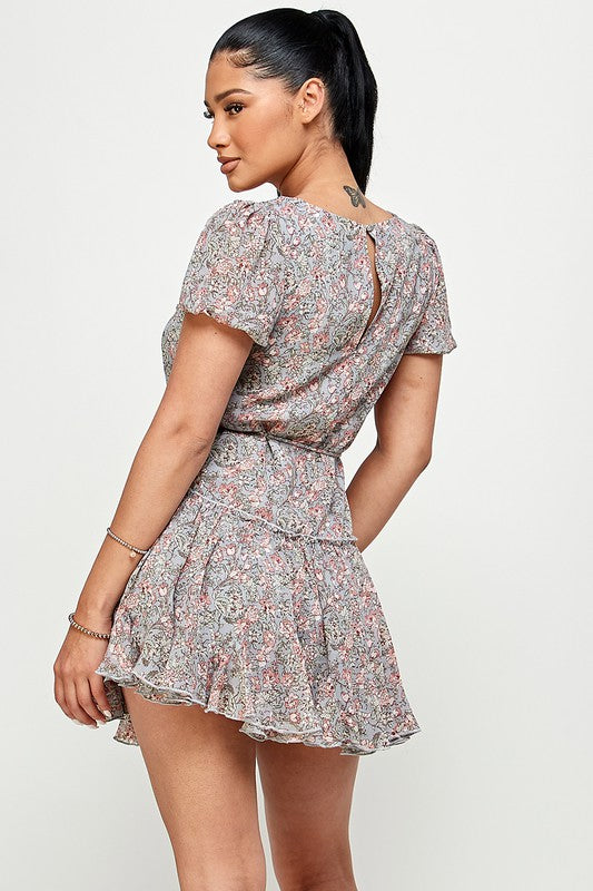 blue floral short sleeve fit and flare dress