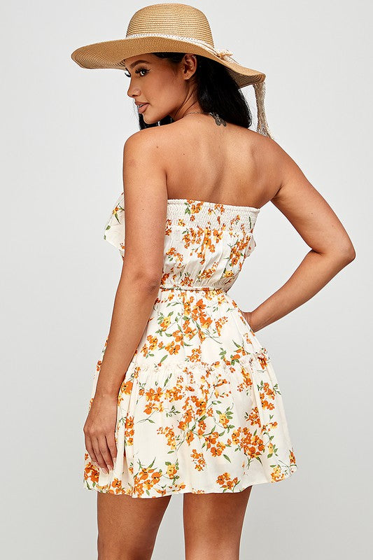 cream floral strapless short dress