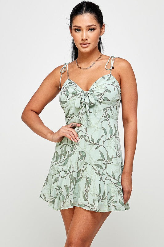 mint green leaf print sleeveless dress