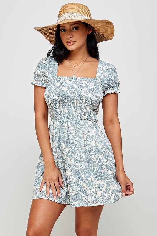blue floral puff sleeve short dress