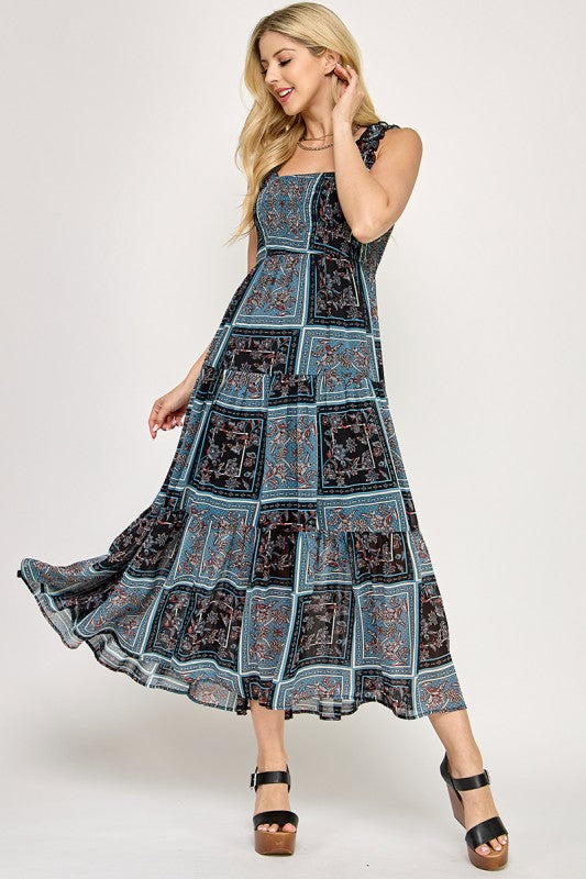 blush bj black and teal patch sleeveless maxi dress