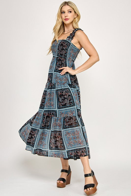 black and teal sleeveless long dress