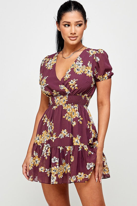 burgundy floral short fit and flare dress