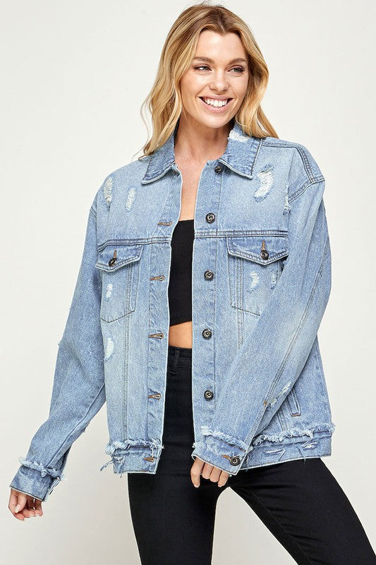 light wash oversized distressed denim jacket