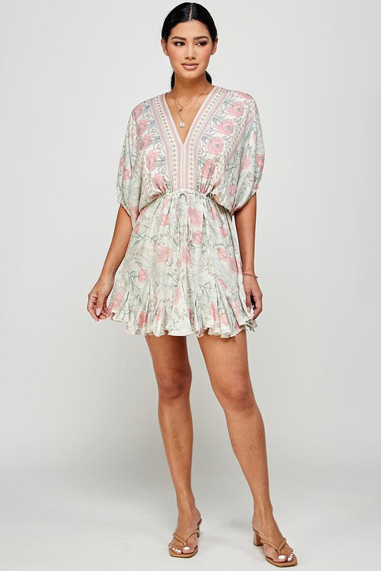 floral fit and flare kimono style short dress