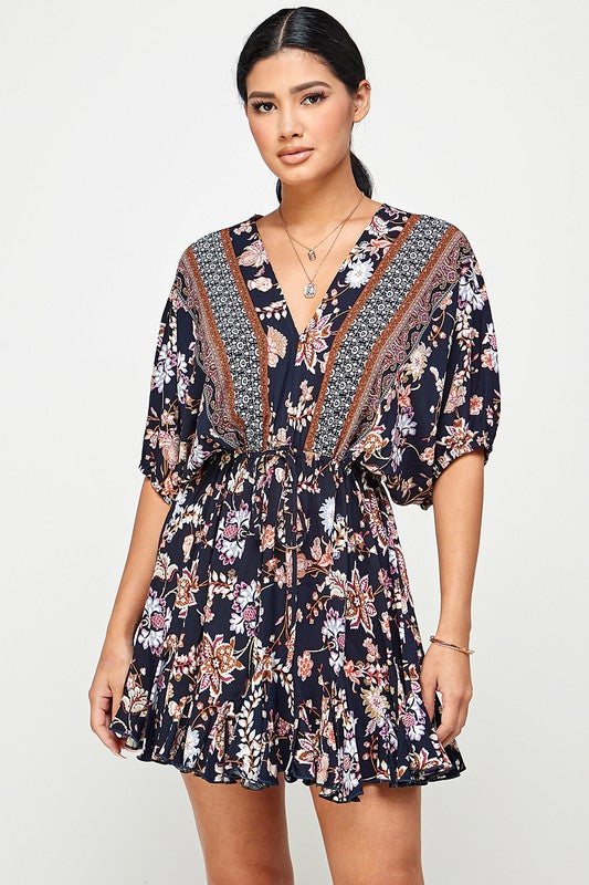navy floral short kimono sleeve dress