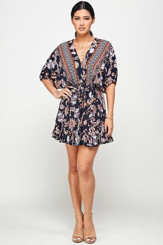 navy floral short sleeve fit and flare dress