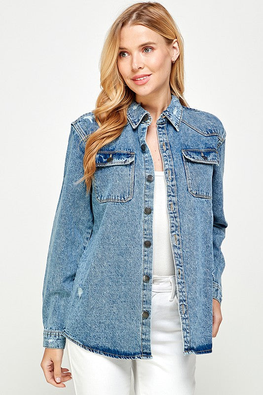 light wash button down denim shirt jacket