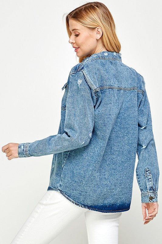 light wash denim button down shacket