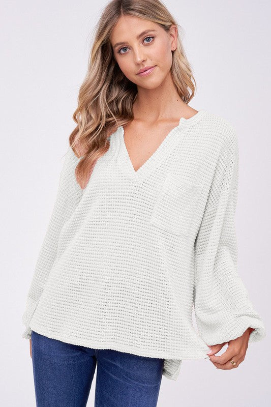 white v neck long sleeve waffle knit loose top